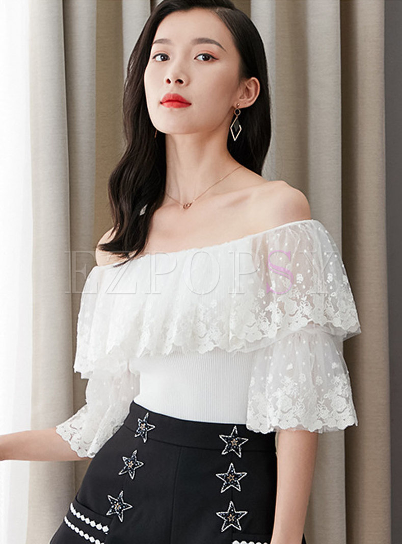 Slash Neck Embroidered Lace Splicing Knit