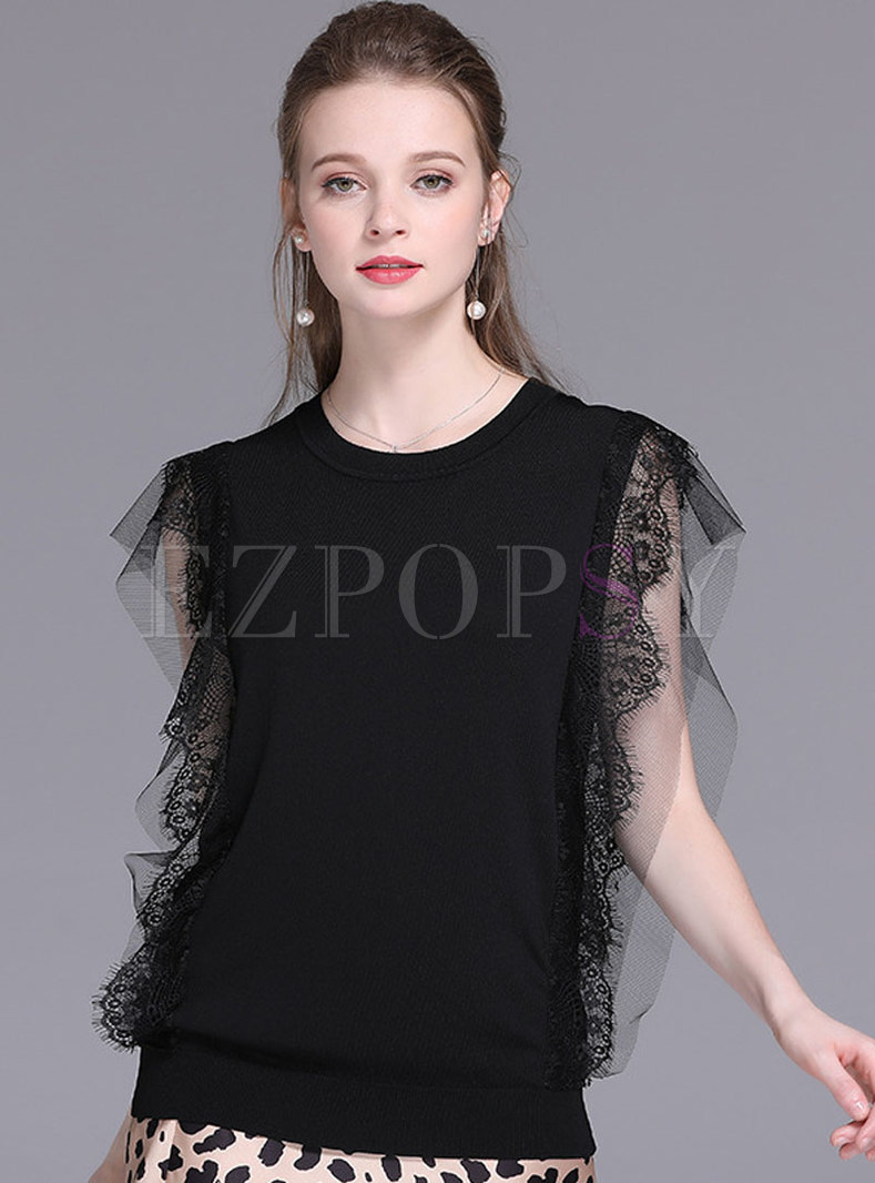Lace Sleeveless Pure Color Knitted Top