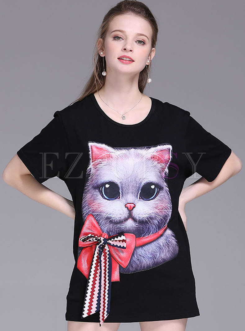 Brief Cat Pattern O-neck Loose T-shirt