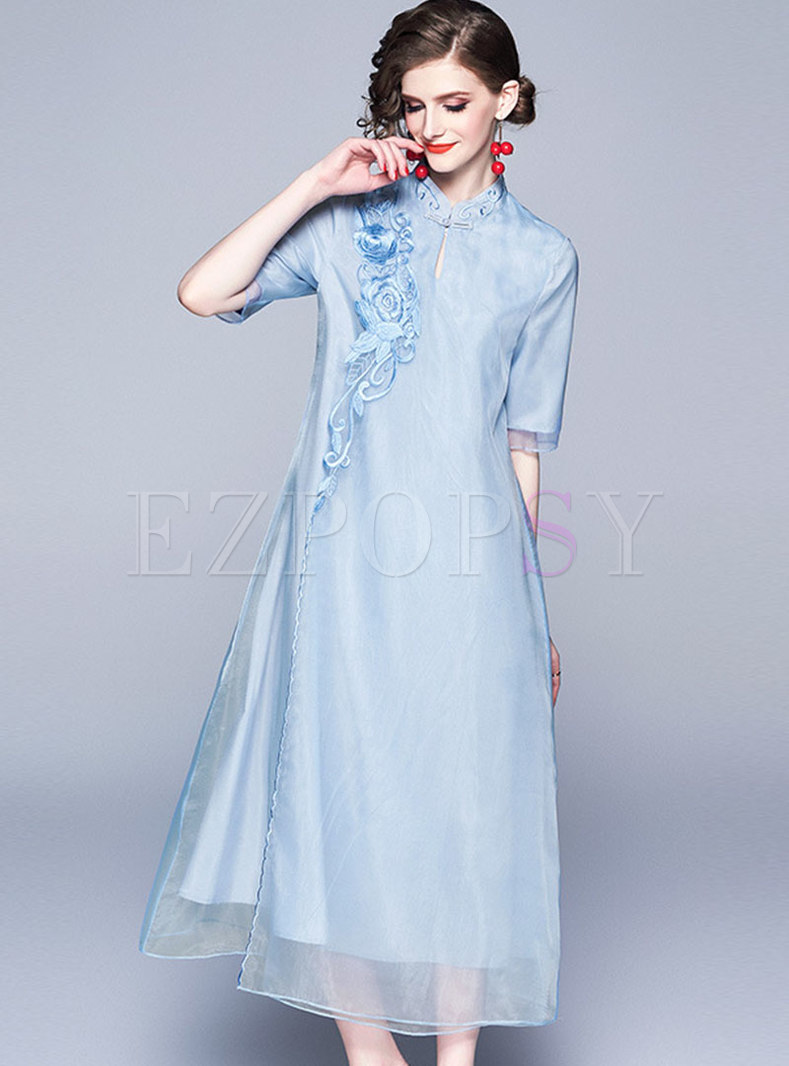 Half Sleeve Embroidered Stand Collar Loose Dress