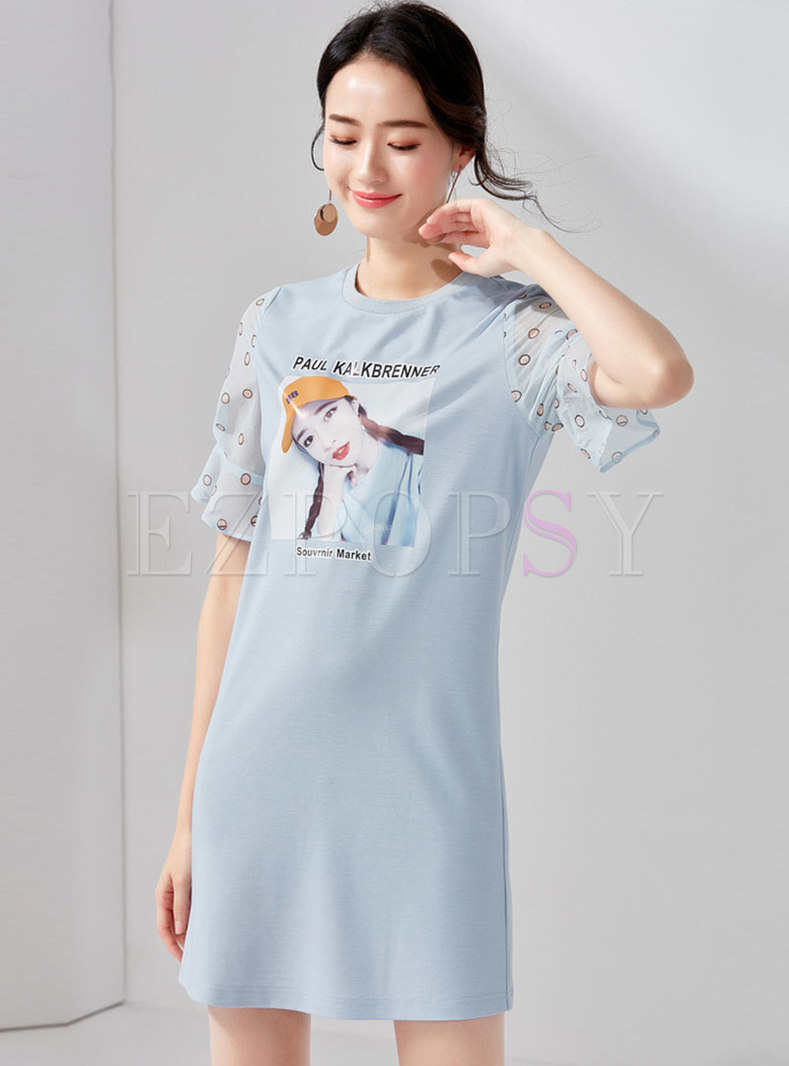 Casual Cartoon Pattern Flare Sleeve T-shirt Dress
