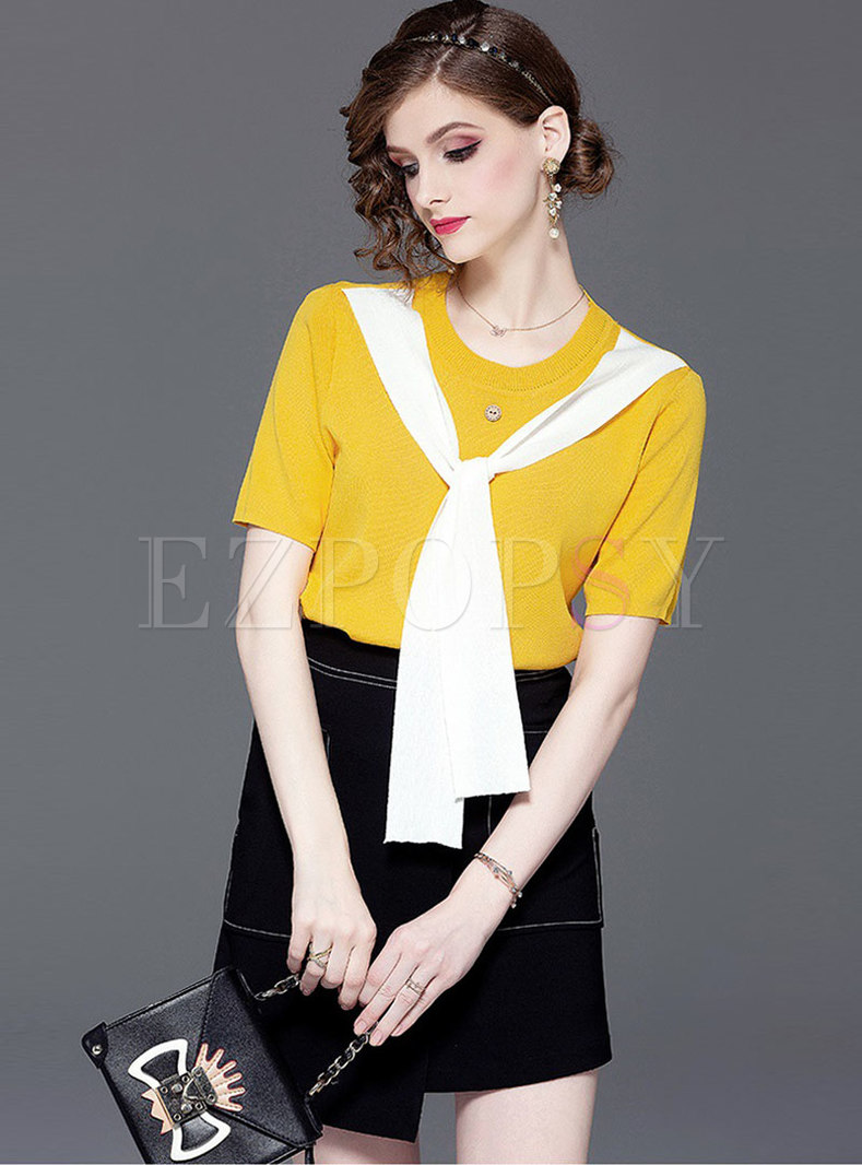Color-blocked O-neck Tie Top & Asymmetric Sheath Skirt
