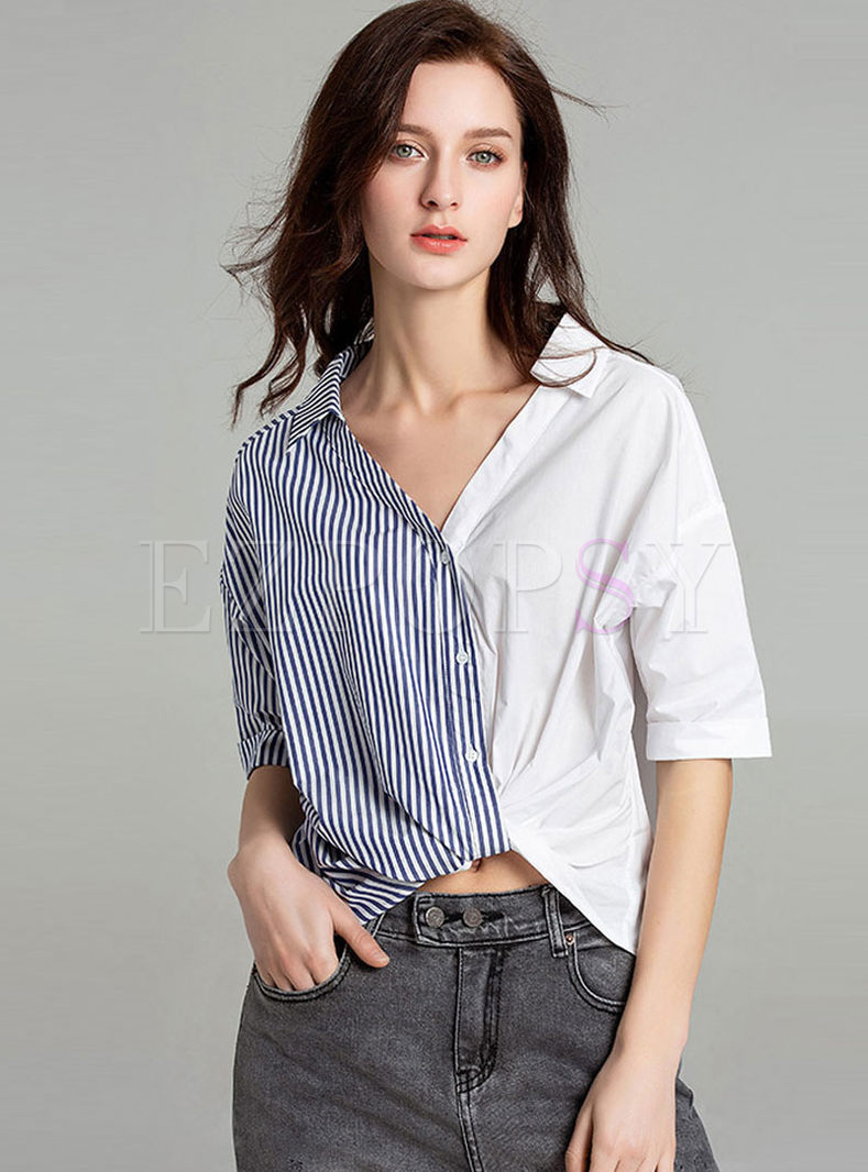 Tops | Blouses | Casual Lapel Striped Splicing Irregular Blouse