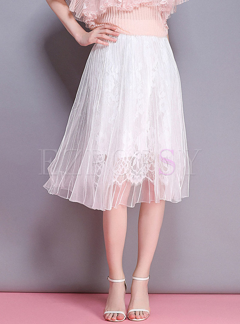 Hight Waisted Lace Patchwork Pleated Skirt