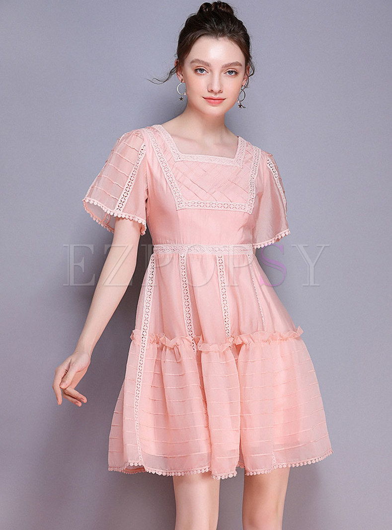 Square Neck Hollow Out Pink Gathered Waist Skater Dress