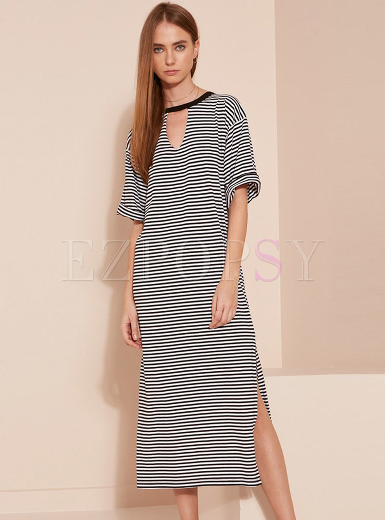 Striped Hollow Out Side-slit Bodycon Dress