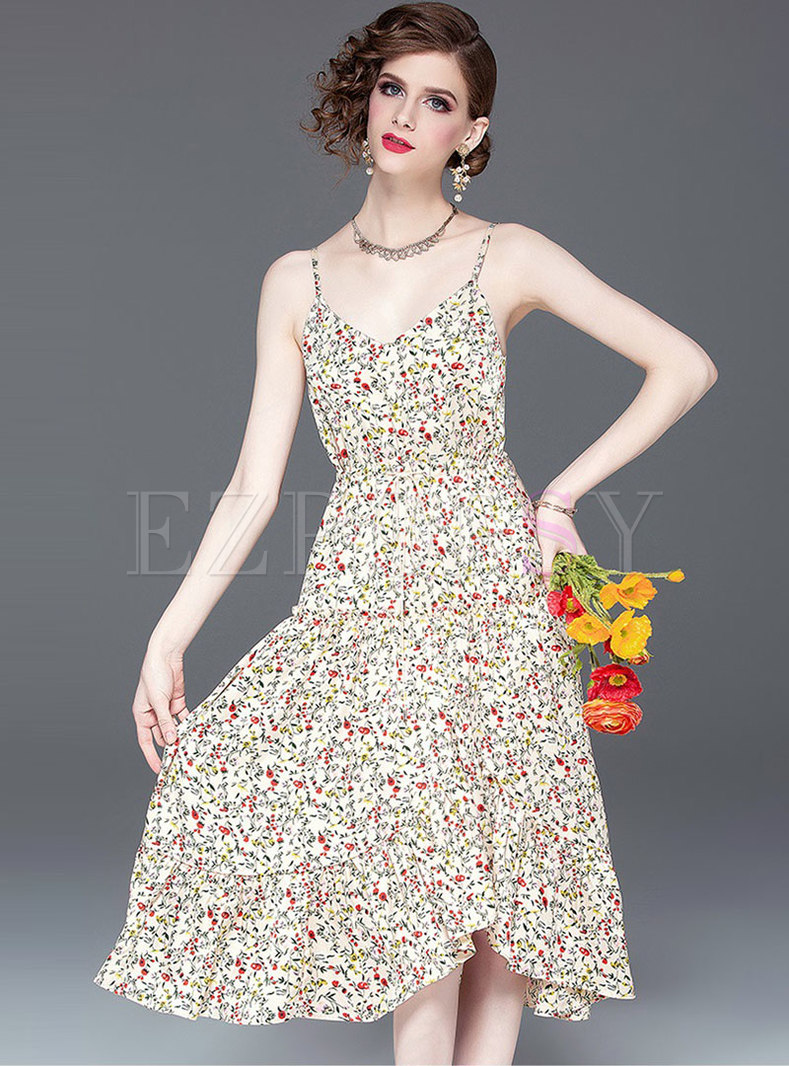 Chic Floral V-neck Tie-waist Asymmetric Slip Dress