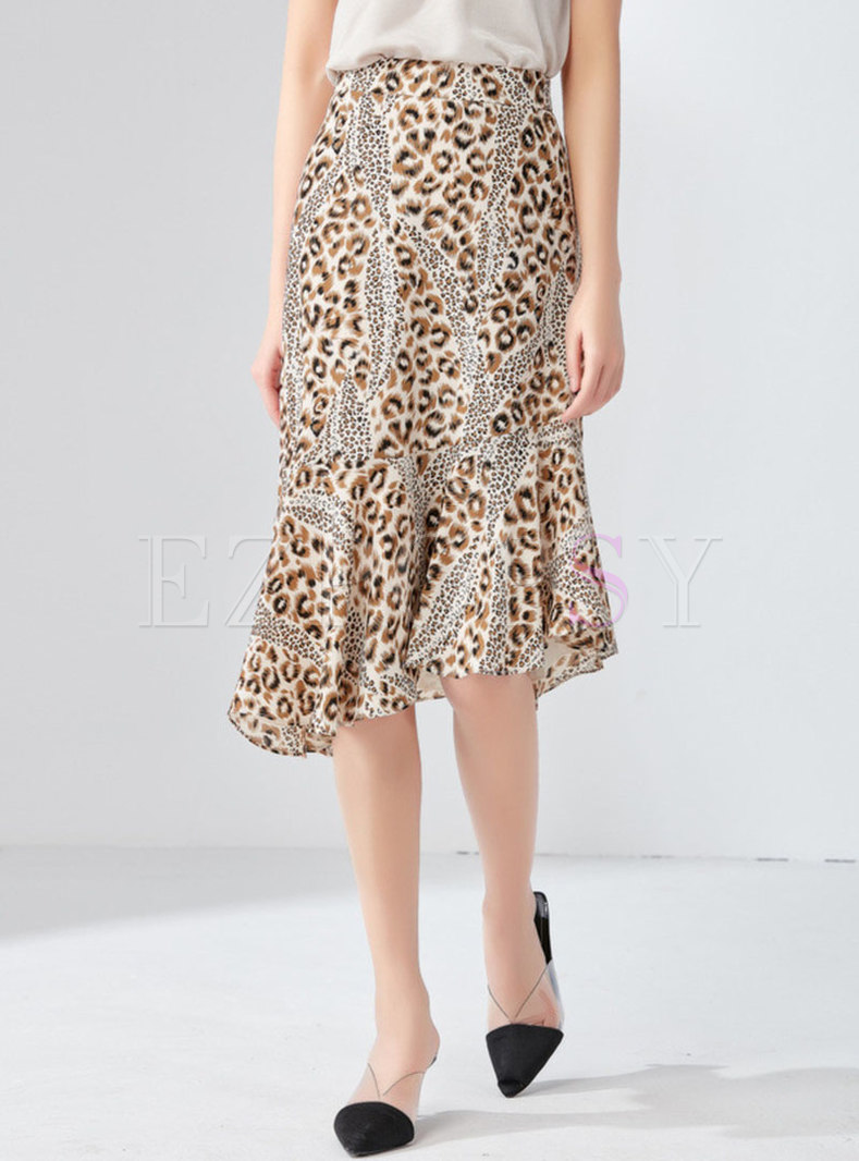 Leopard High Waist Asymmetric Skirt
