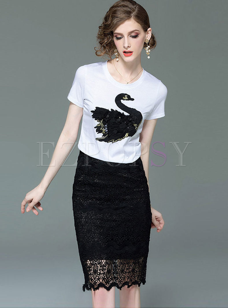 Casual O-neck Pullover T-shirt & Slim Skirt