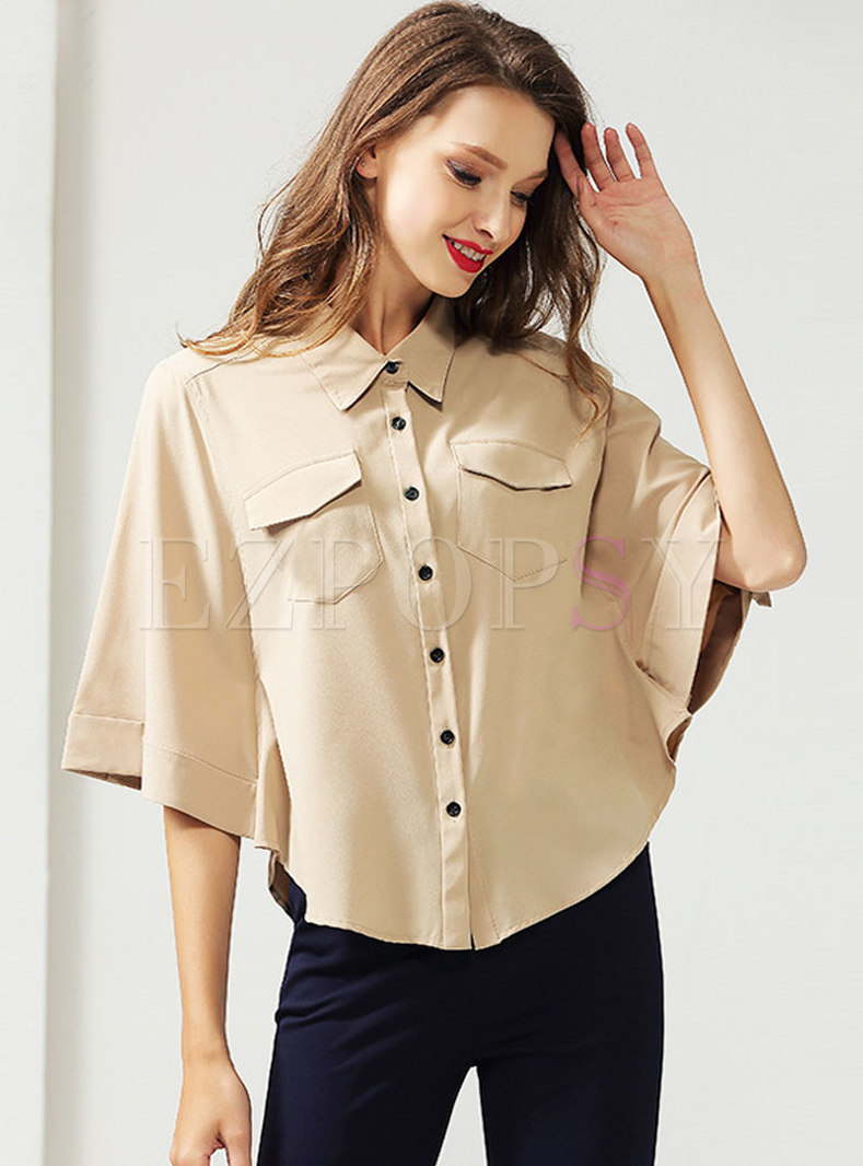 Brief Pure Color Batwing Sleeve Chiffon Blouse