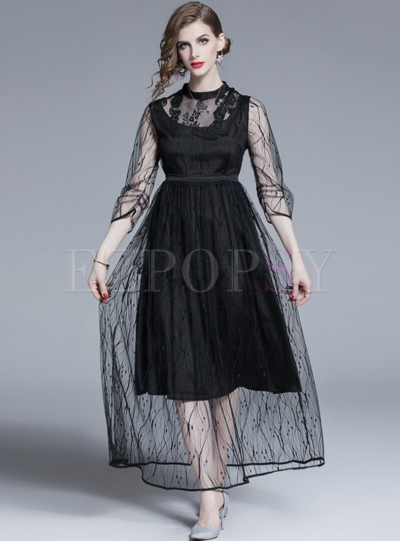 Stand Collar Perspective Black Lace Maxi Dress