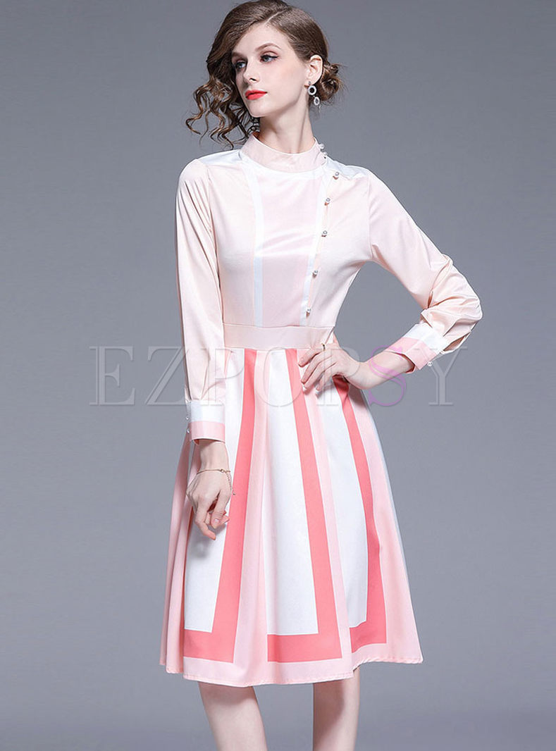 Pink Mock Neck Long Sleeve Striped A Line Dress