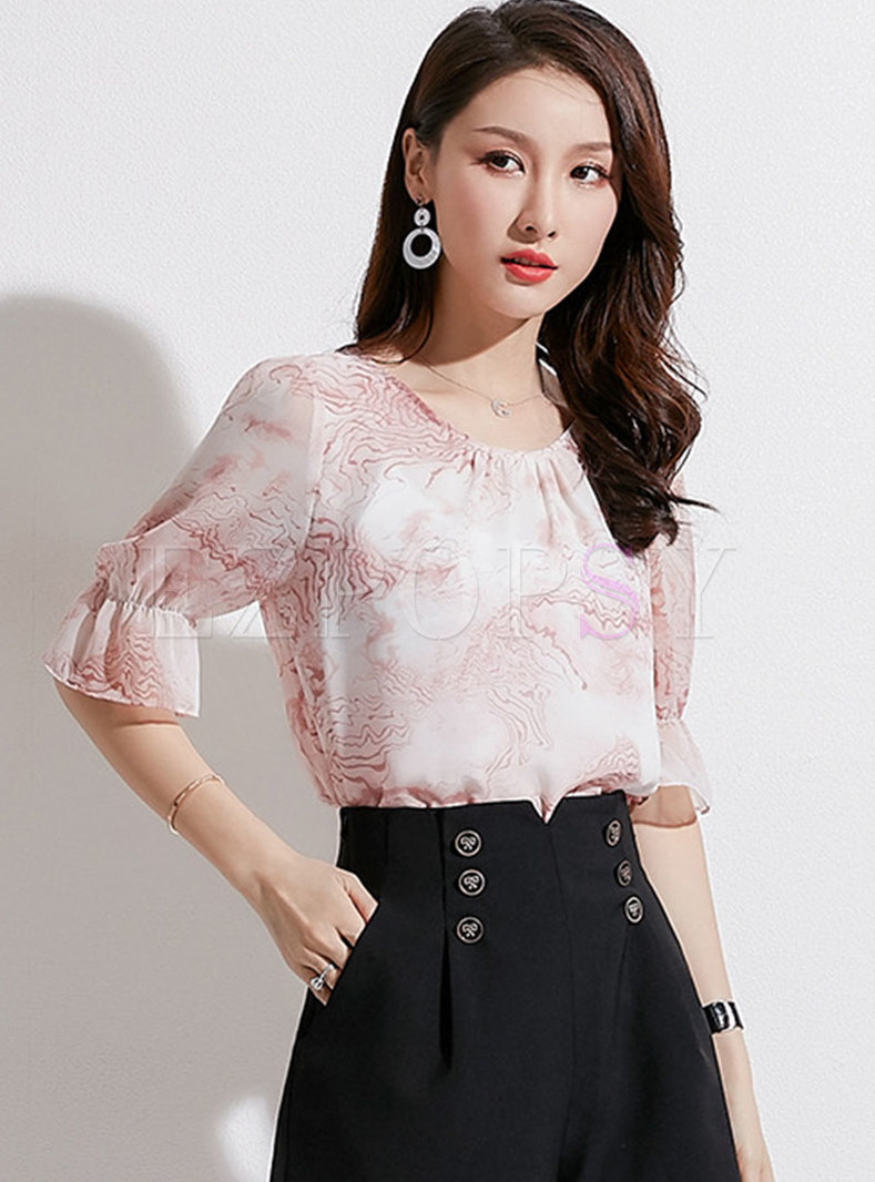 Print O-neck Flare Sleeve Pullover Top