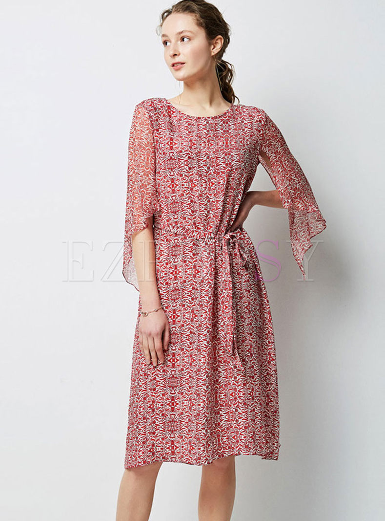 Stylish O-neck Half Sleeve Print Silk Dress