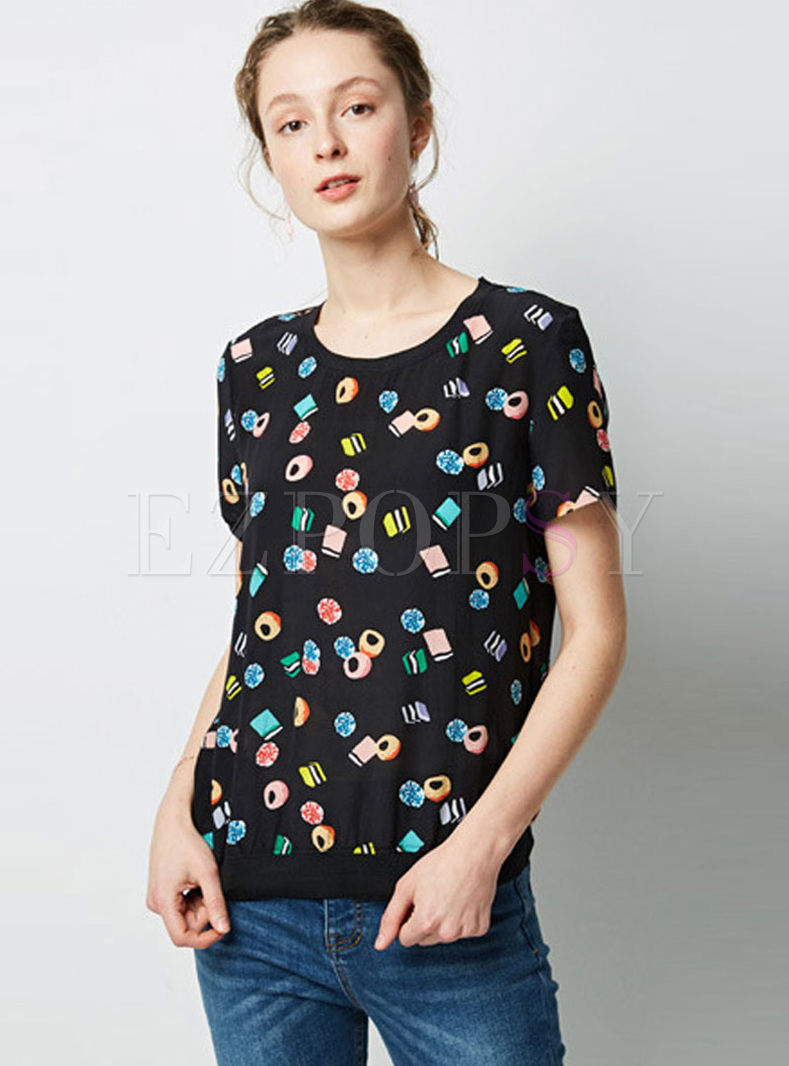 Fashion Casual O-neck Print Silk T-shirt