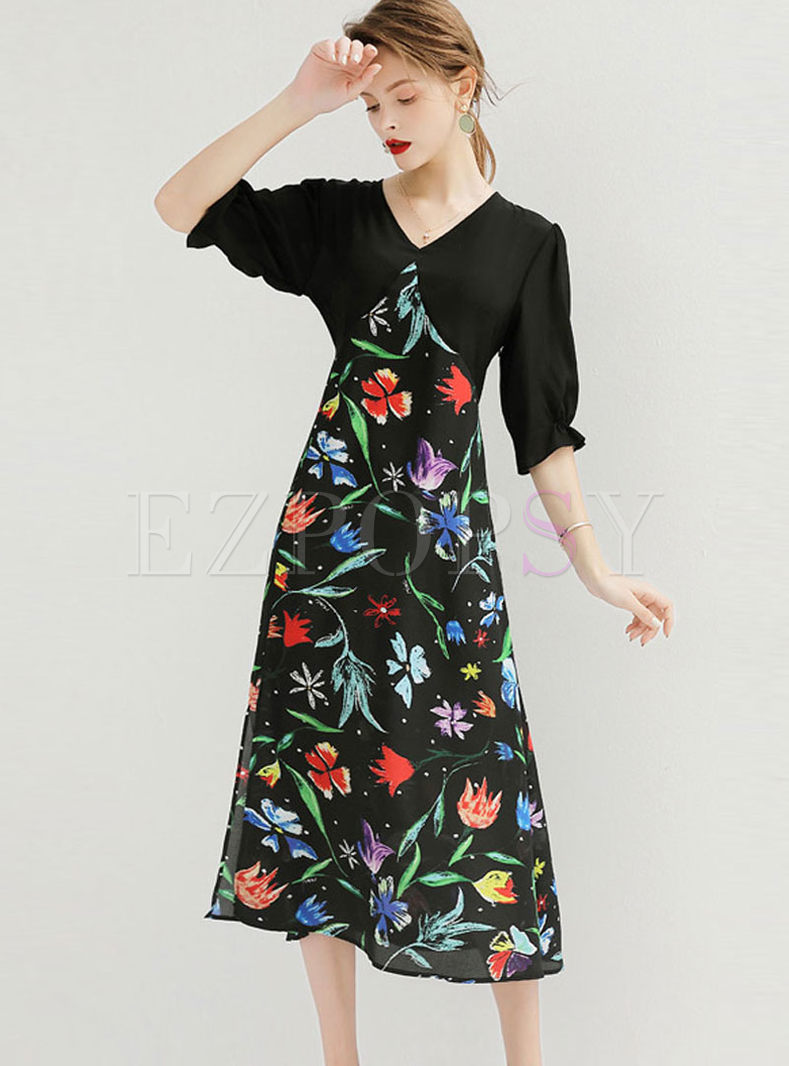 Fashion V-neck Half Sleeve Splicing Print Dress
