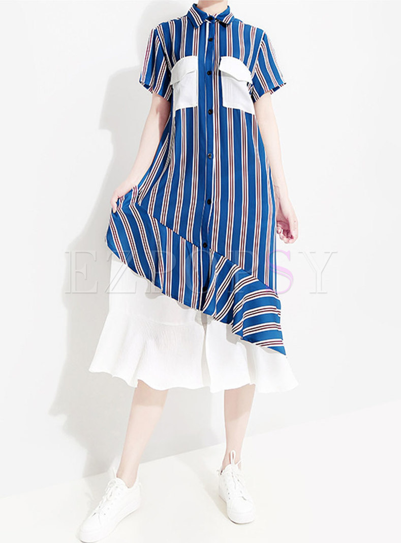 Striped Splicing Lapel Asymmetric Falbala Dress