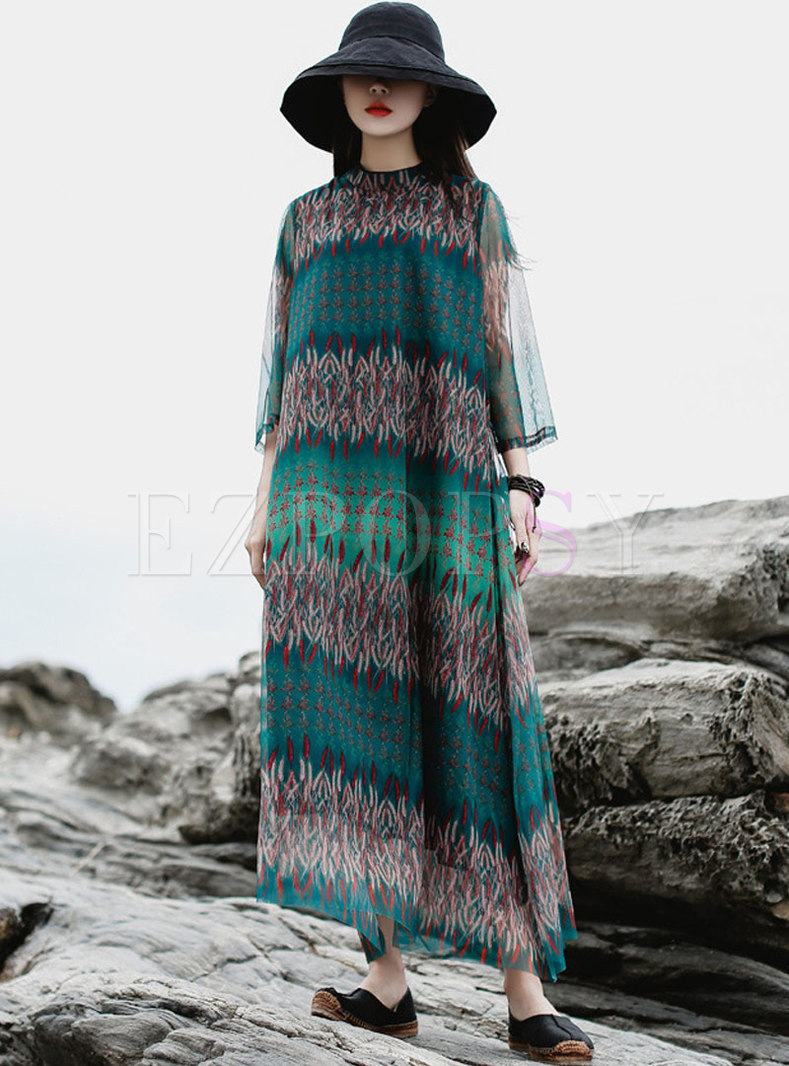 Fashion Print Half Sleeve Casual Maxi Dress