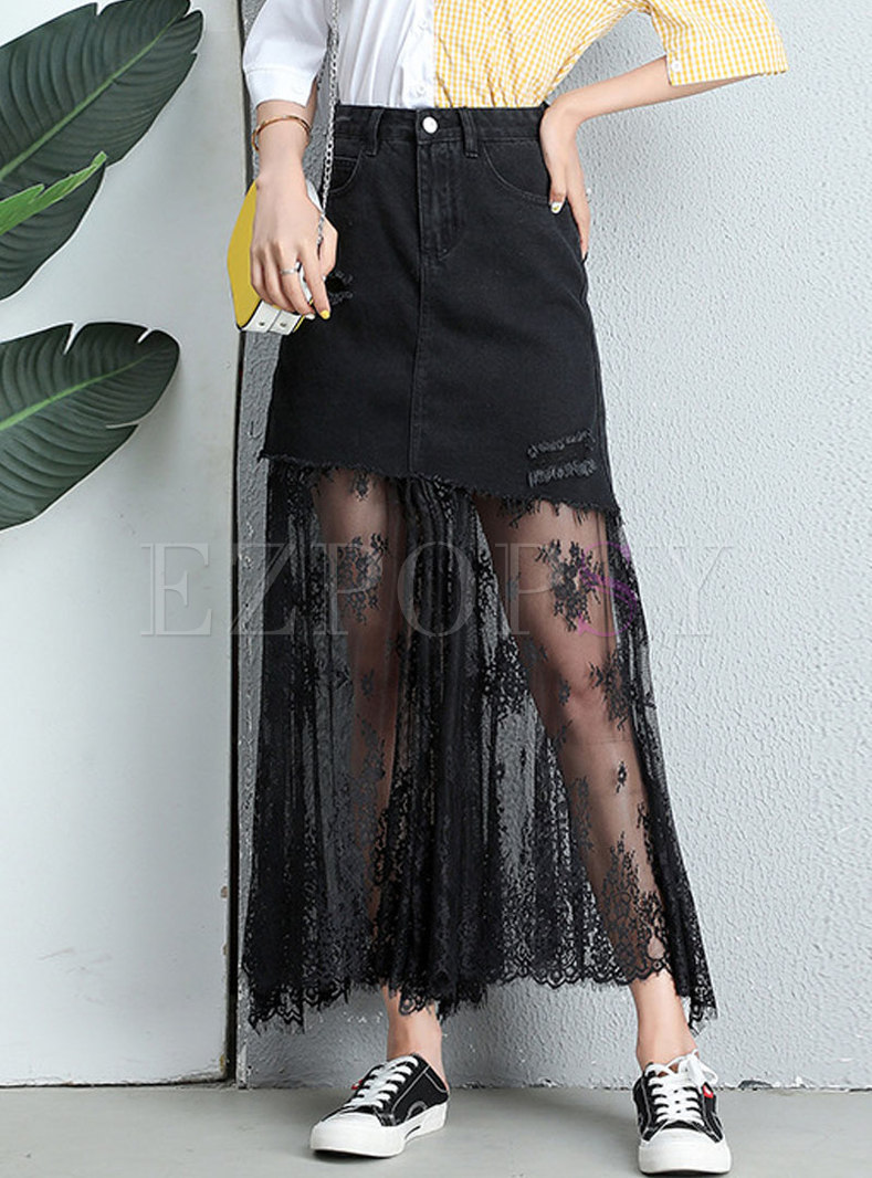 Stylish Lace Splicing Black Slim Skirt