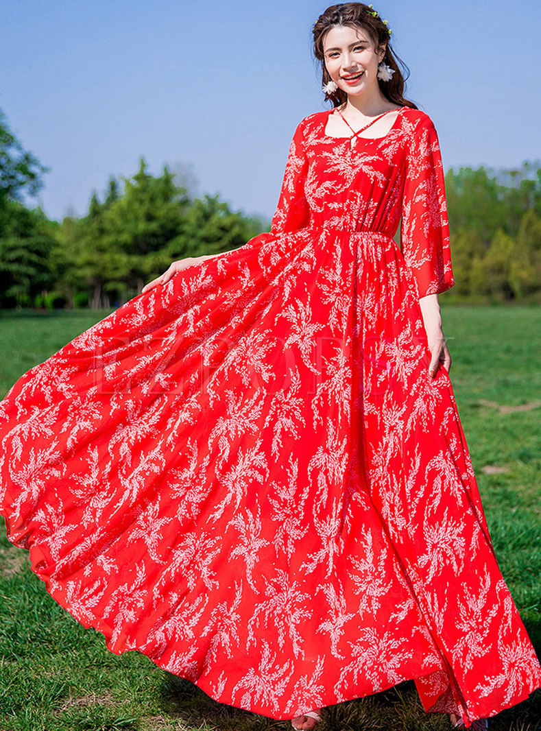 Floral Print Slim Chiffon Big Hem Maxi Dress