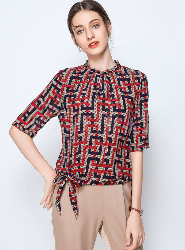 Print Stand Collar Tied Pullover Blouse