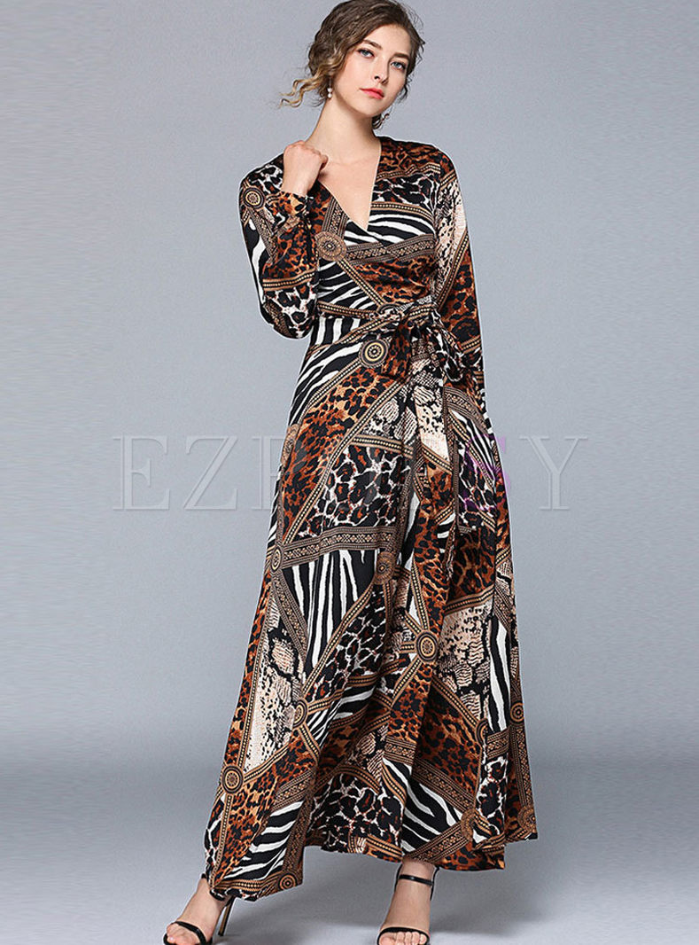 Trendy Long Sleeve Leopard Splicing Maxi Dress