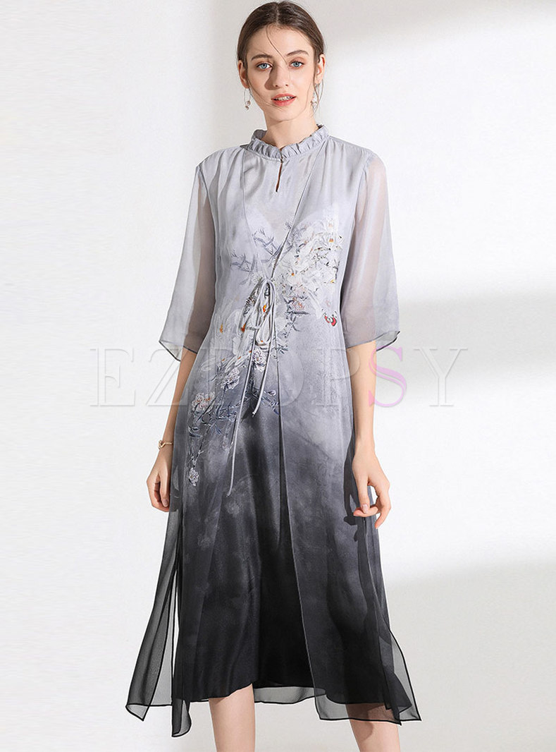 Elegant Stand Collar Print Splicing A Line Dress