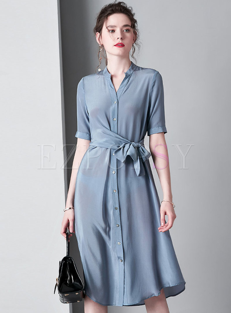 Elegant Stand Collar Tie-waist Midi Dress