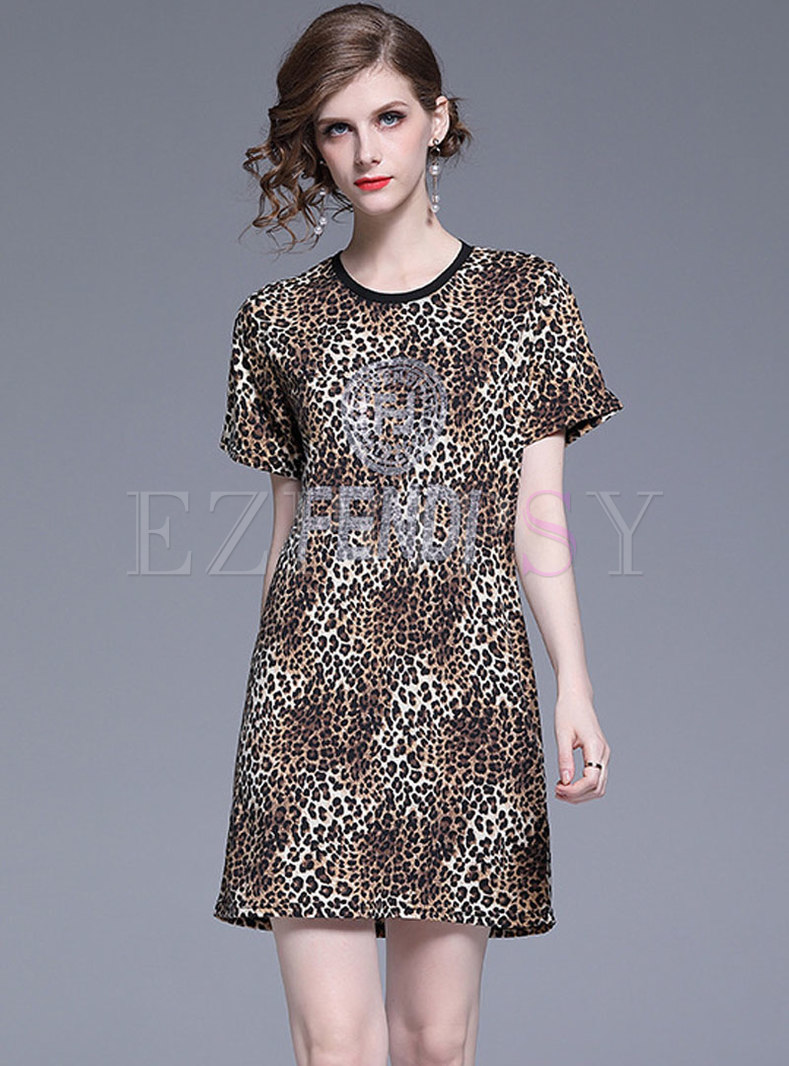Chic Leopard O-neck Diamond-ironing T-shirt Dress