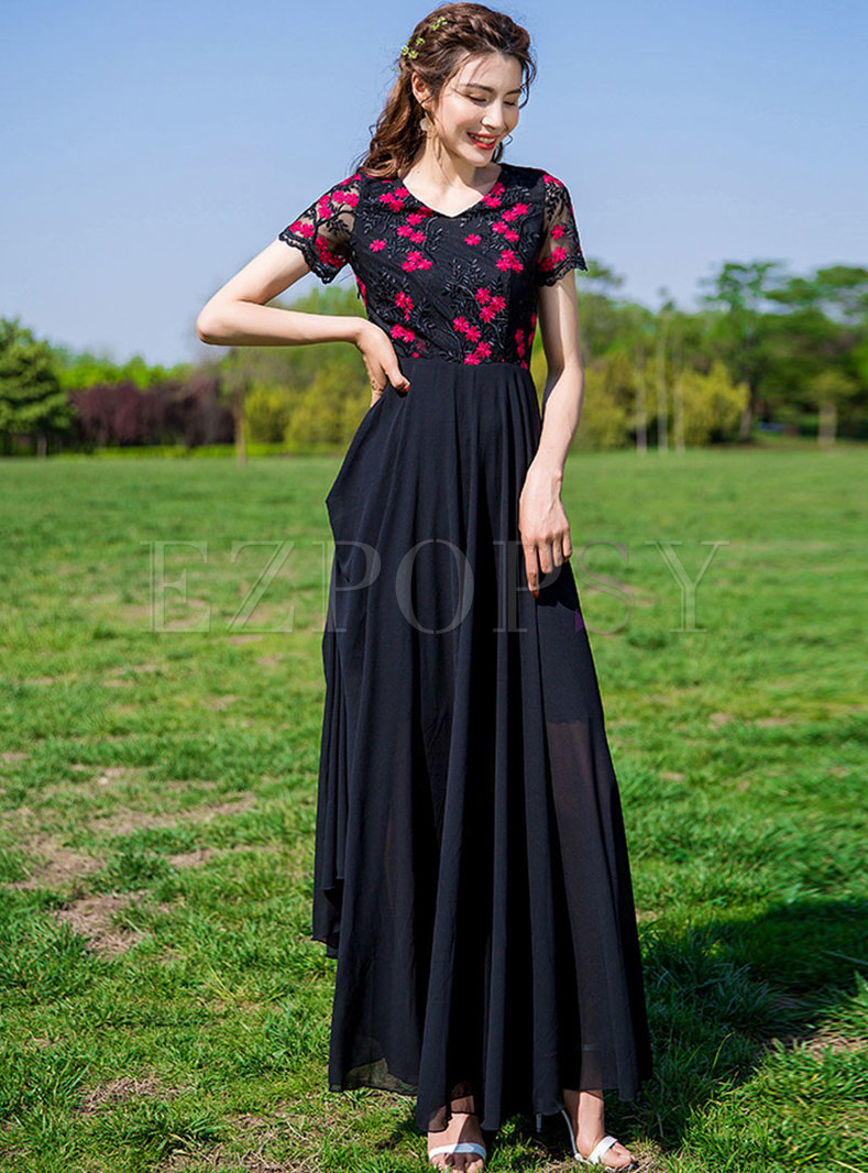 Chic Embroidered V-neck Gathered Waist Maxi Dress