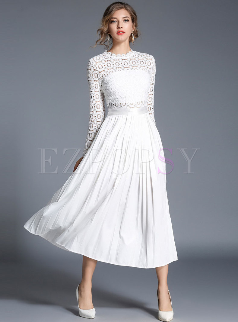 Dresses | Maxi Dresses | White Mock Neck Long Sleeve Lace Slit Maxi Dress