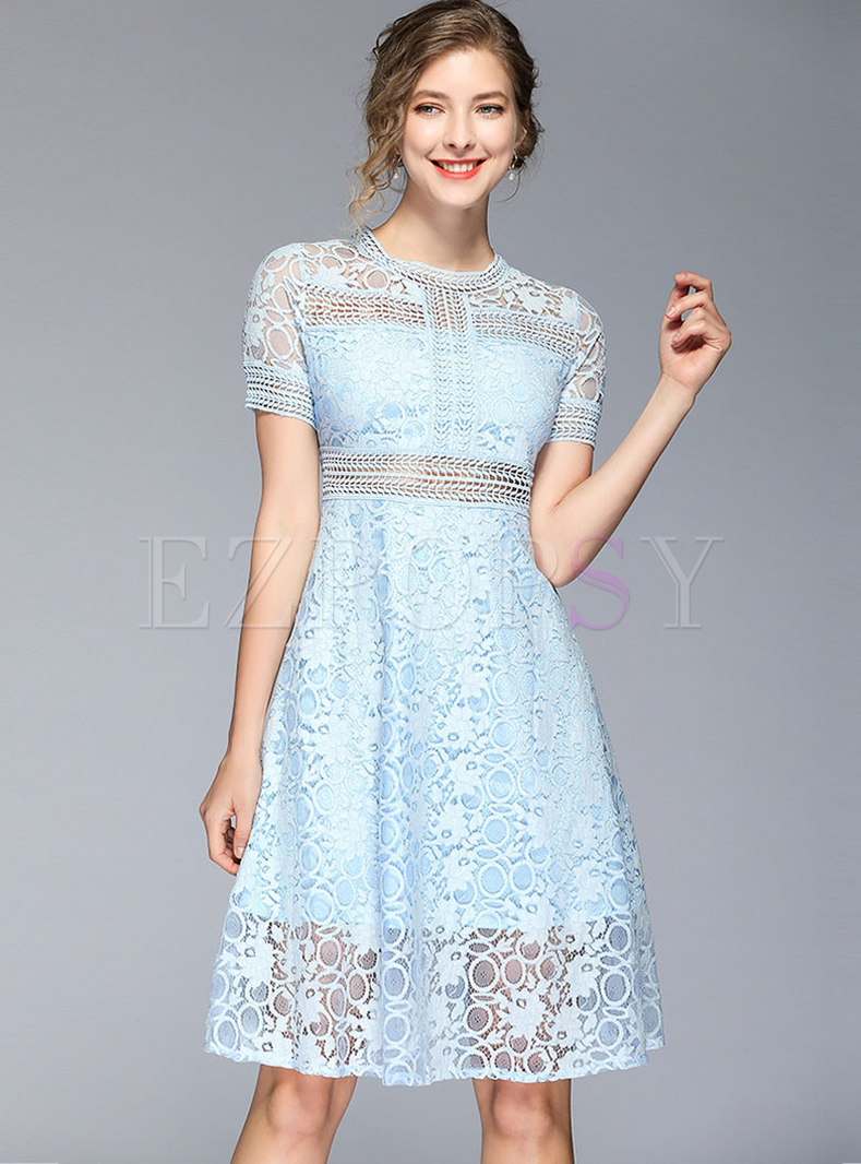 Lace Stand Collar Hollow Out Slim Midi Dress