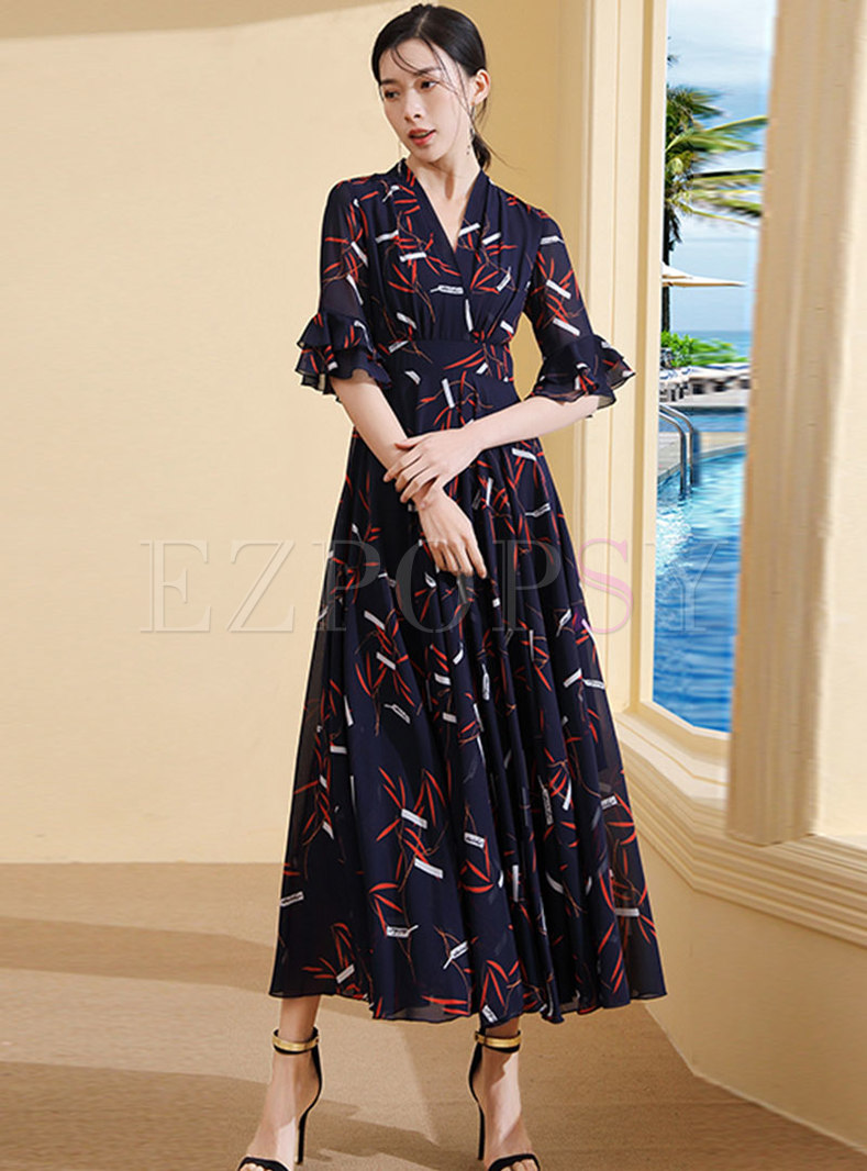 Print V-neck Flare Sleeve Slim Maxi Dress