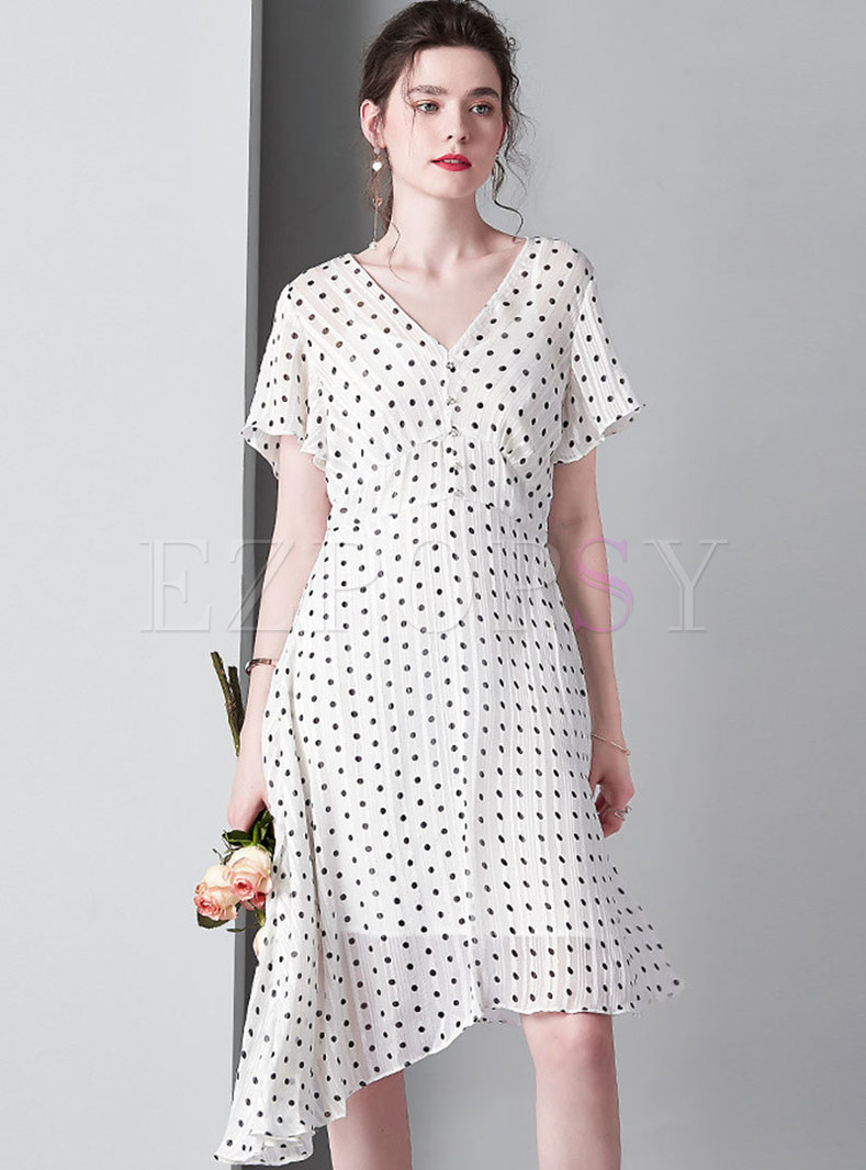 Chic Polka Dot V-neck Slim Asymmetric Dress