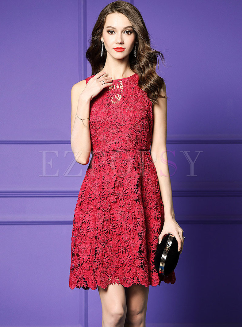 Gathered Waist Lace Hollow Out Skater Dress