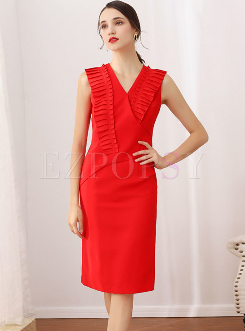 Solid Color V-neck Sleeveless Bodycon Dress