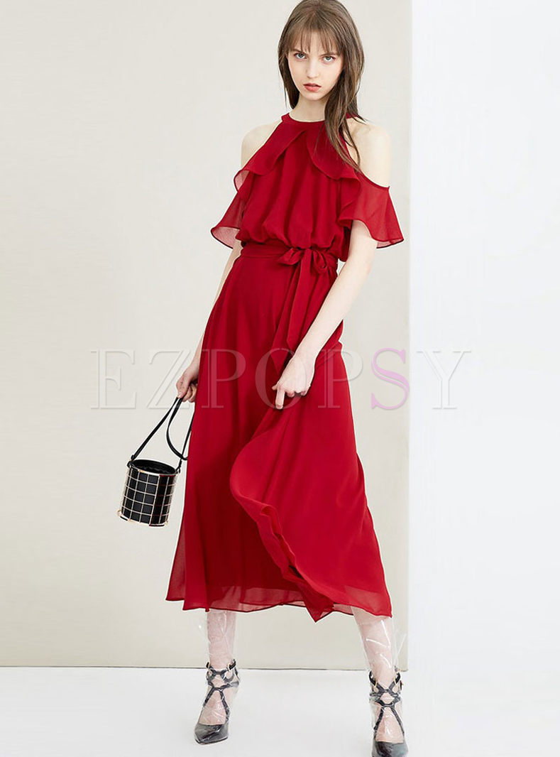 red cold shoulder maxi dress