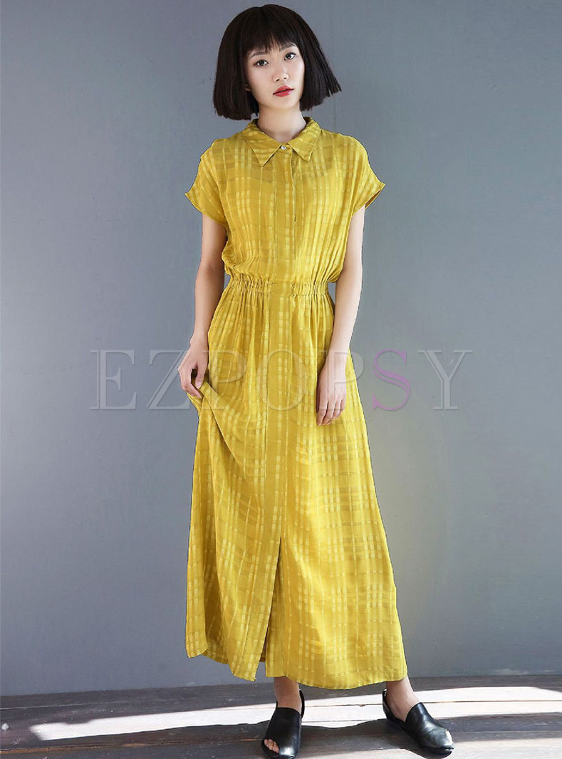 Solid Color Lapel Elastic Waist Slit Maxi Dress