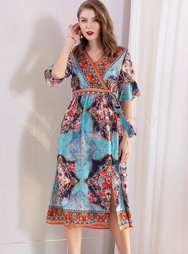 V-neck Flare Sleeve Silk Print Slit Dress