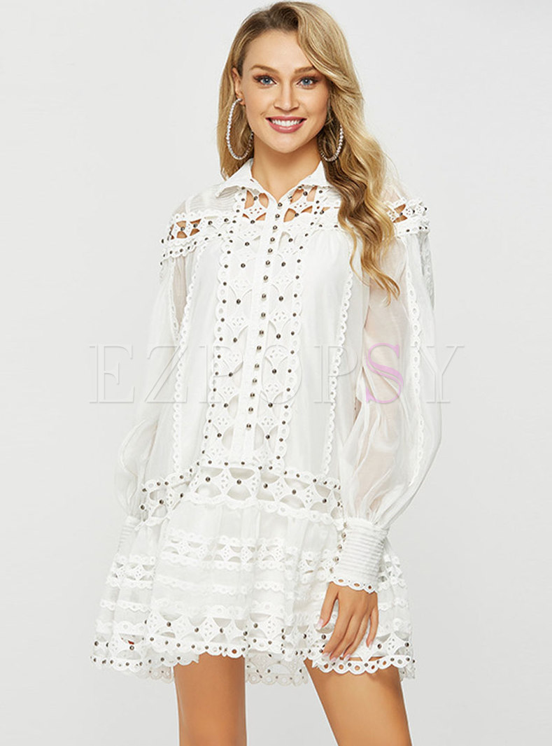 Chic Hollow Out White Lace Beaded Shift Dress
