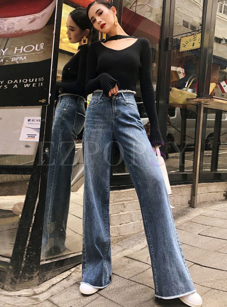 Pants Pants Chic High Waist Rough Selvedge Straight Jeans 