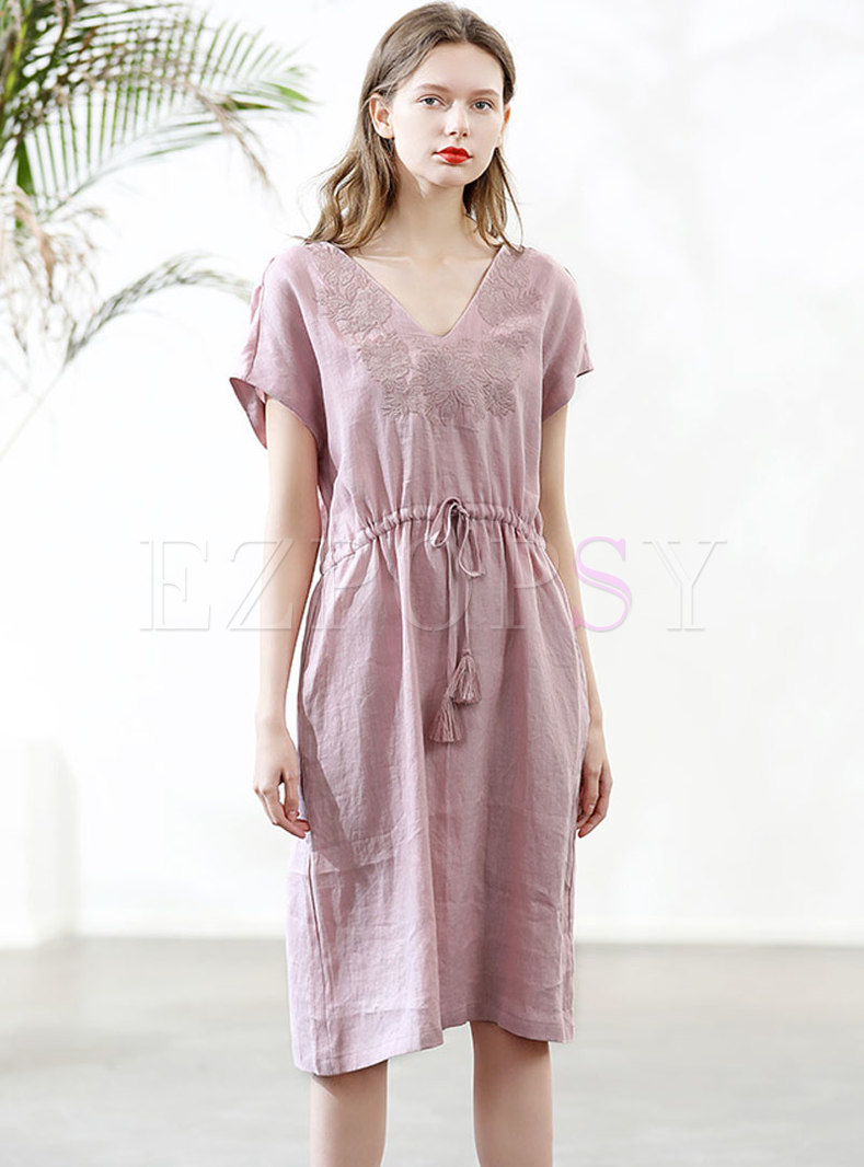 Retro Solid Color Embroidered Tied Linen Skater Dress