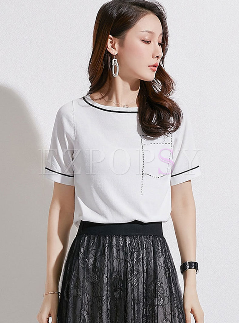 Brief O-neck Short Sleeve Slim Knitted T-shirt