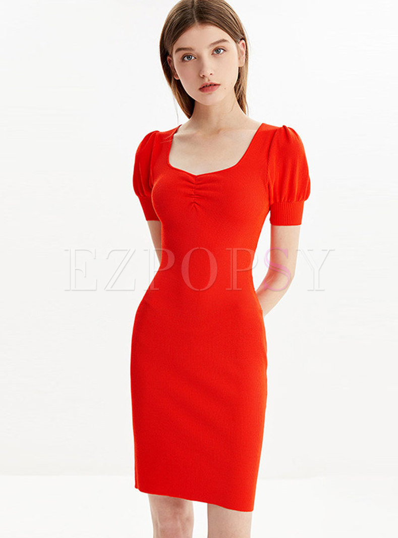 Brief Square Neck Sheath Knitted Dress