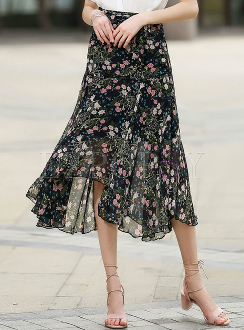 Stylish Floral High Waist Asymmetric Skirt
