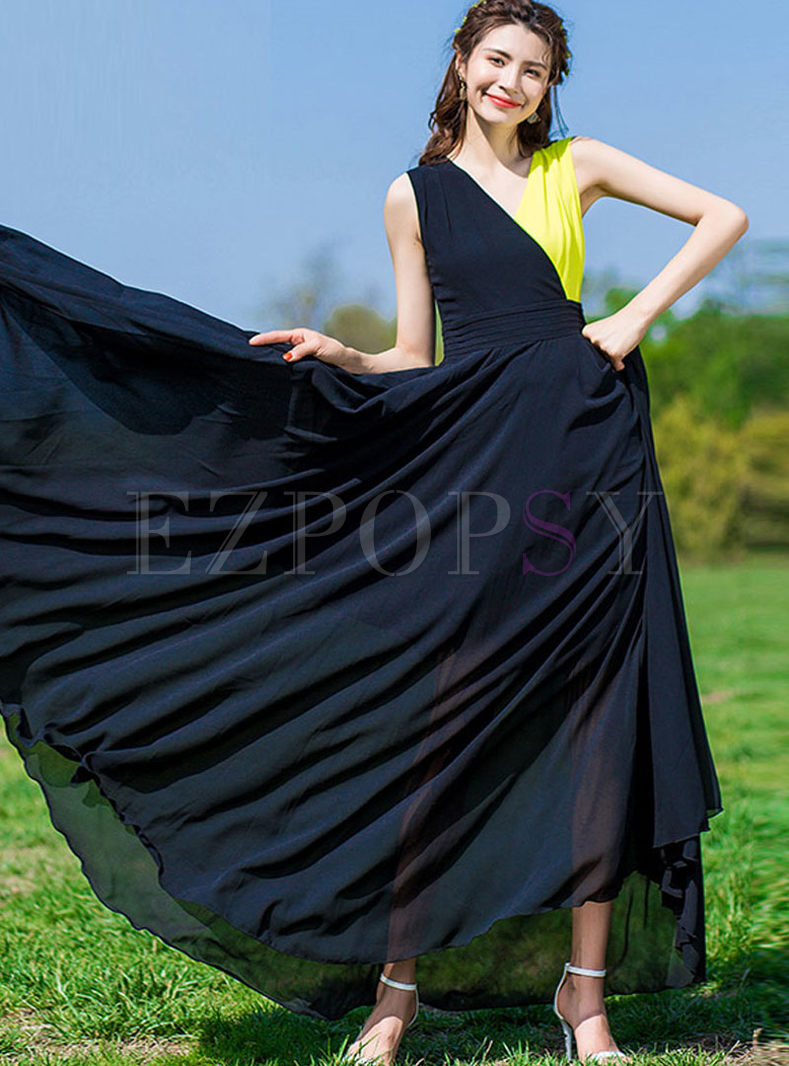 Color-blocked V-neck Sleeveless Big Hem Chiffon Dress