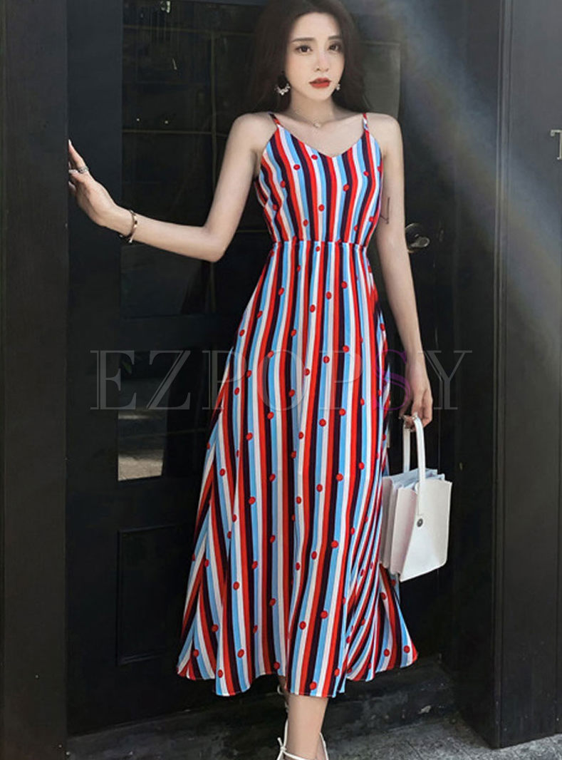 V-neck Color-blocked Striped A Line Midi Dress