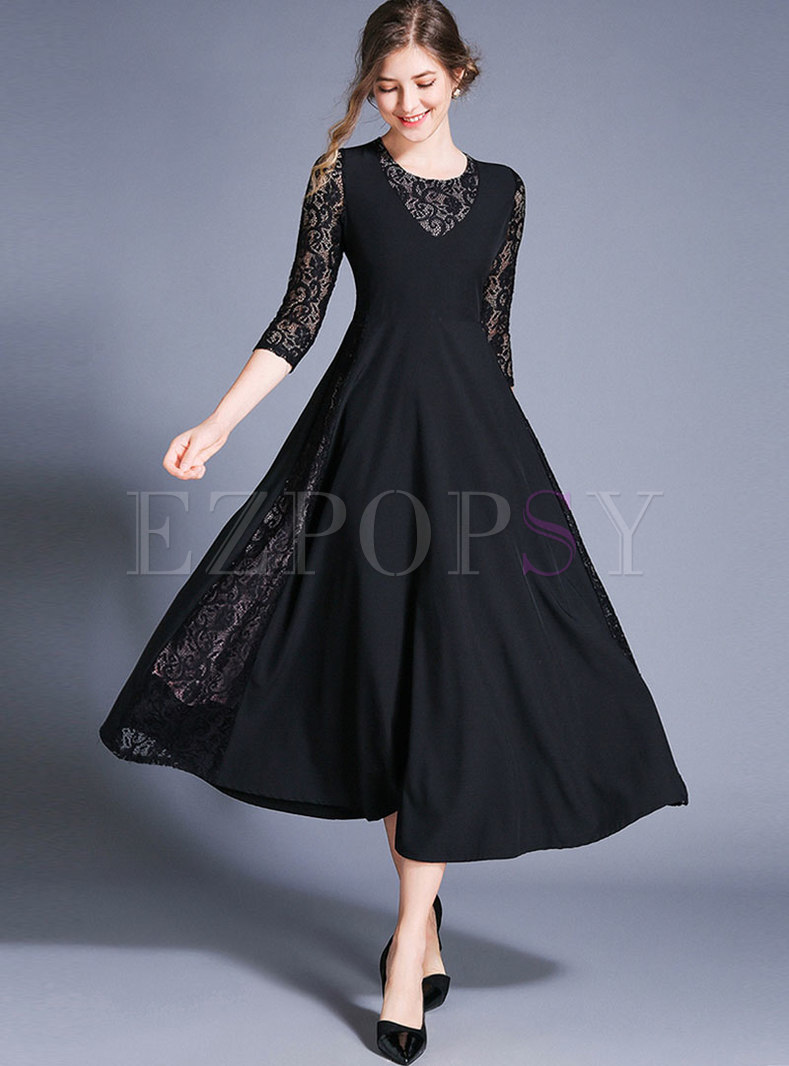 Chic Lace Splicing Hollow Out Slim Maxi Dress
