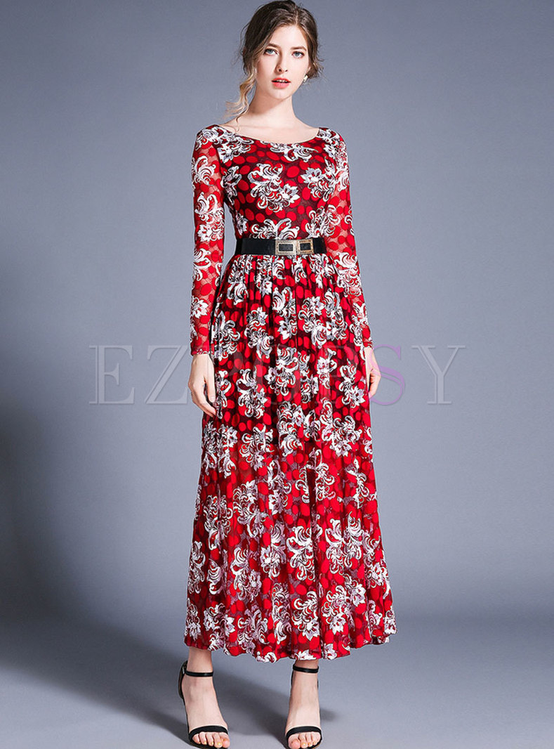 Dresses | Maxi Dresses | Vintage Lace Print Belted Slim Maxi Dress