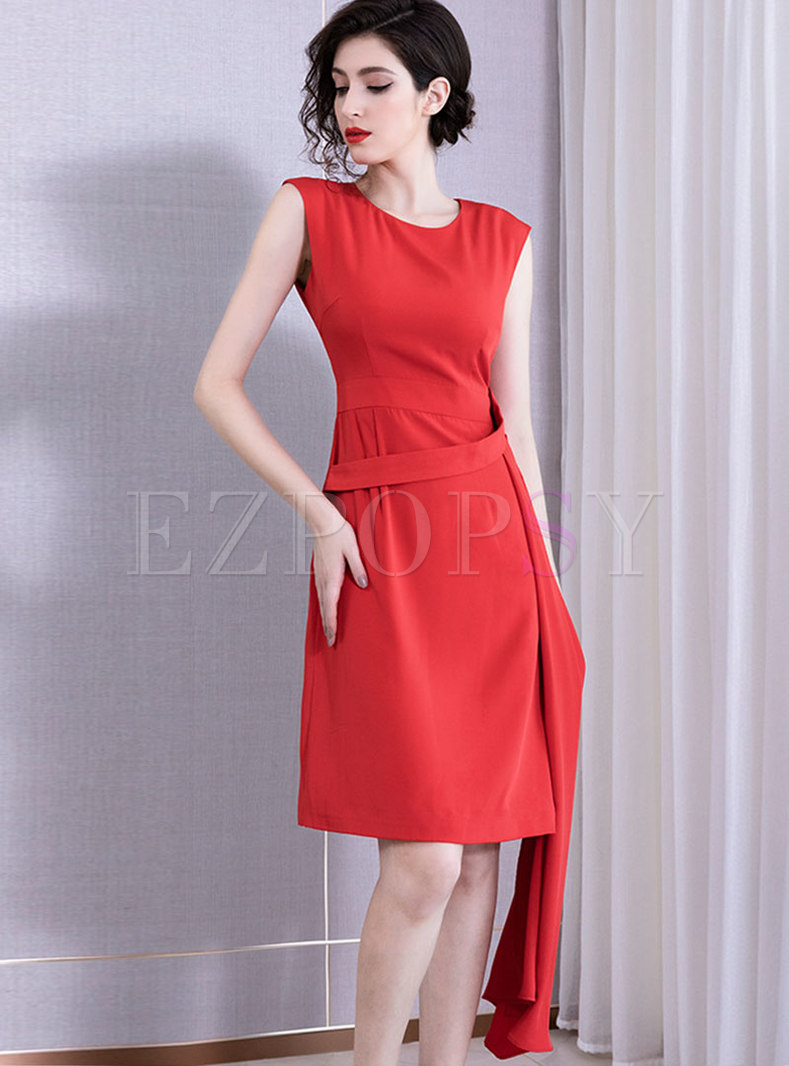 Pure Color O-neck Sleeveless Asymmetric Midi Dress